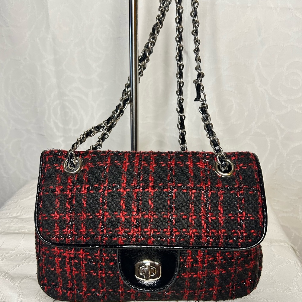 PARADOX LEATHER red and black Chic Tweed/Leather Shoulder Bag with chain strap - Picture 1 of 13